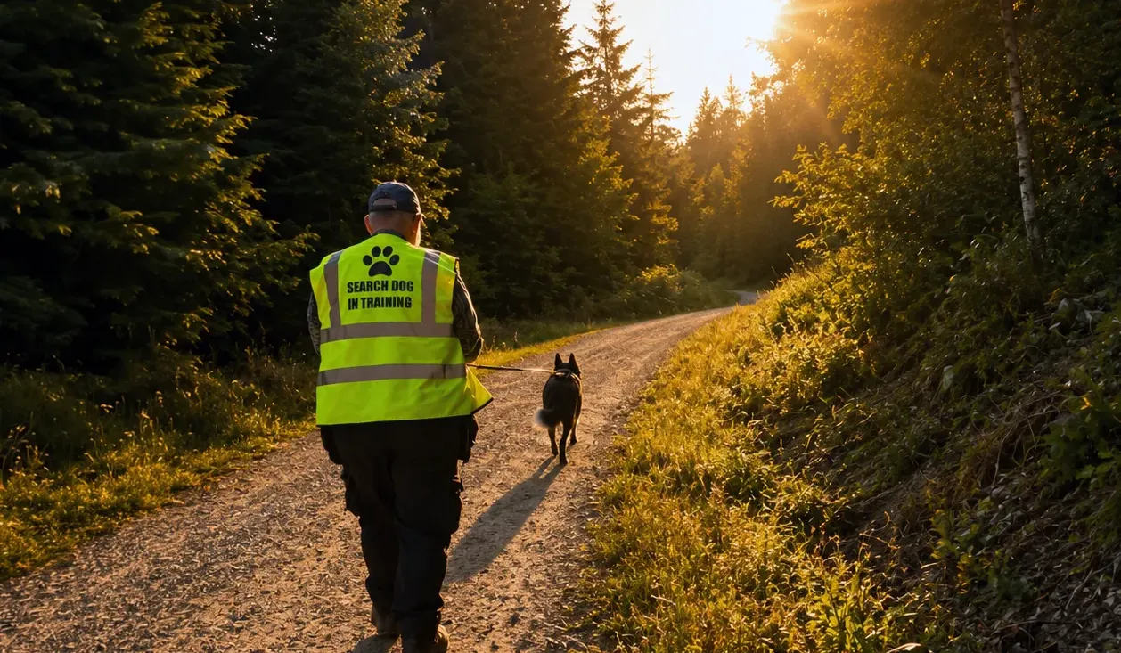 Dog and handler working a mantrailing trail during a progression workshop
