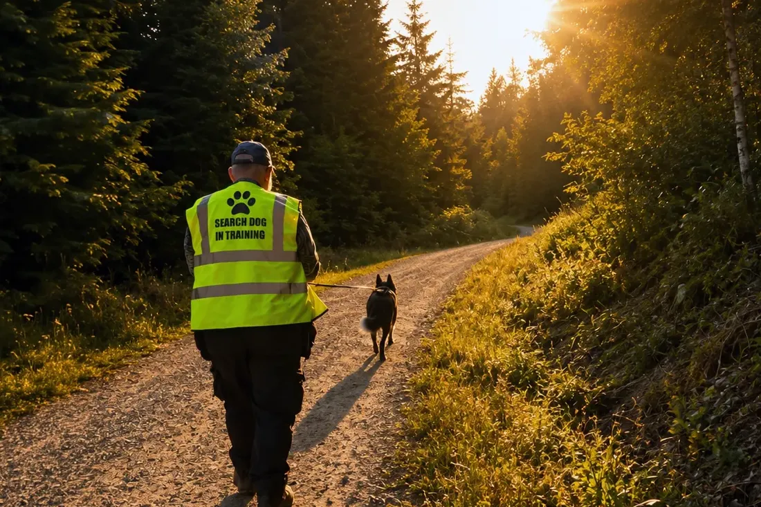 Dog and handler working a mantrailing trail during a progression workshop
