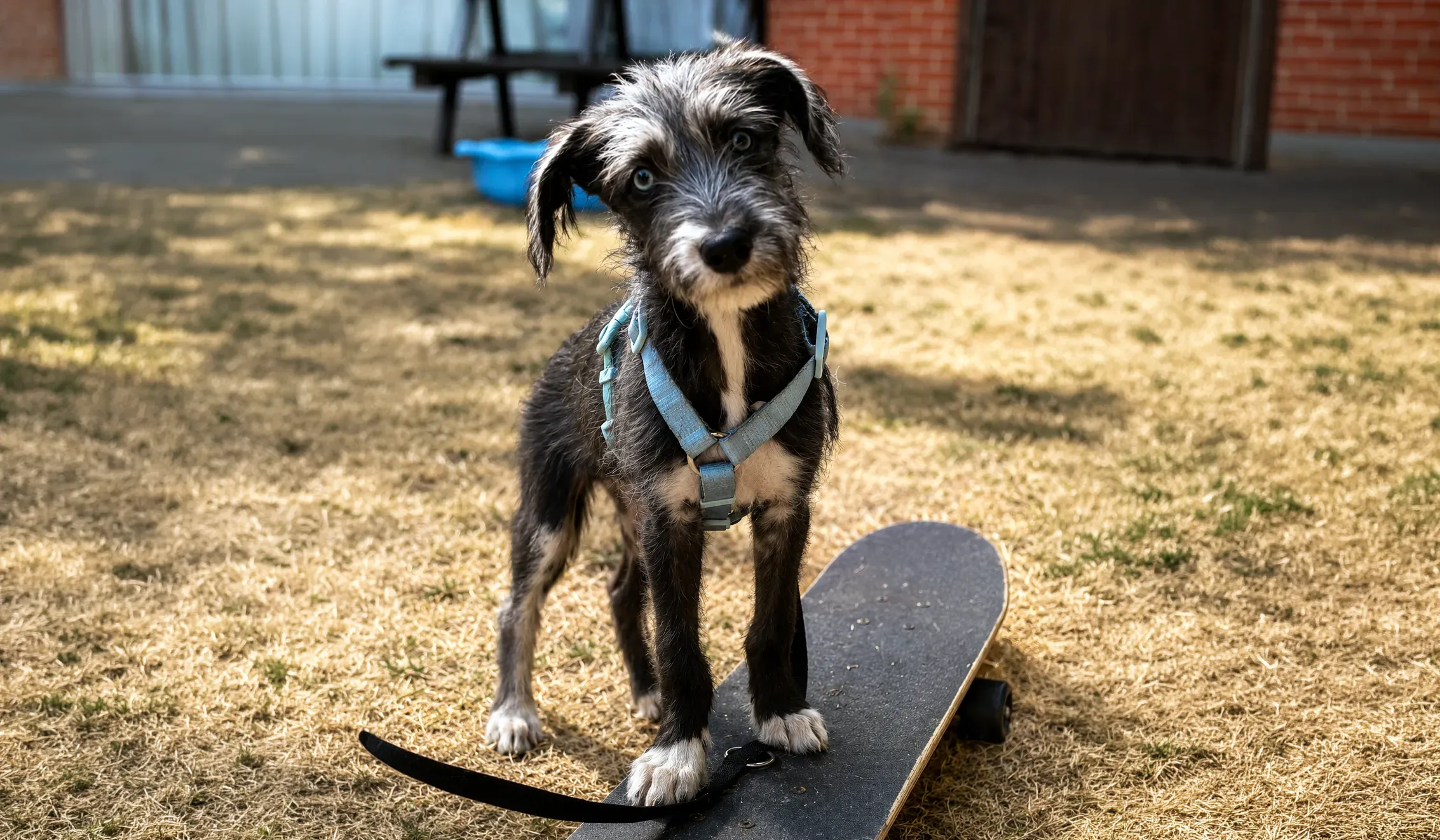 Scruffy black puppy standing on a skateboard during a puppy training session