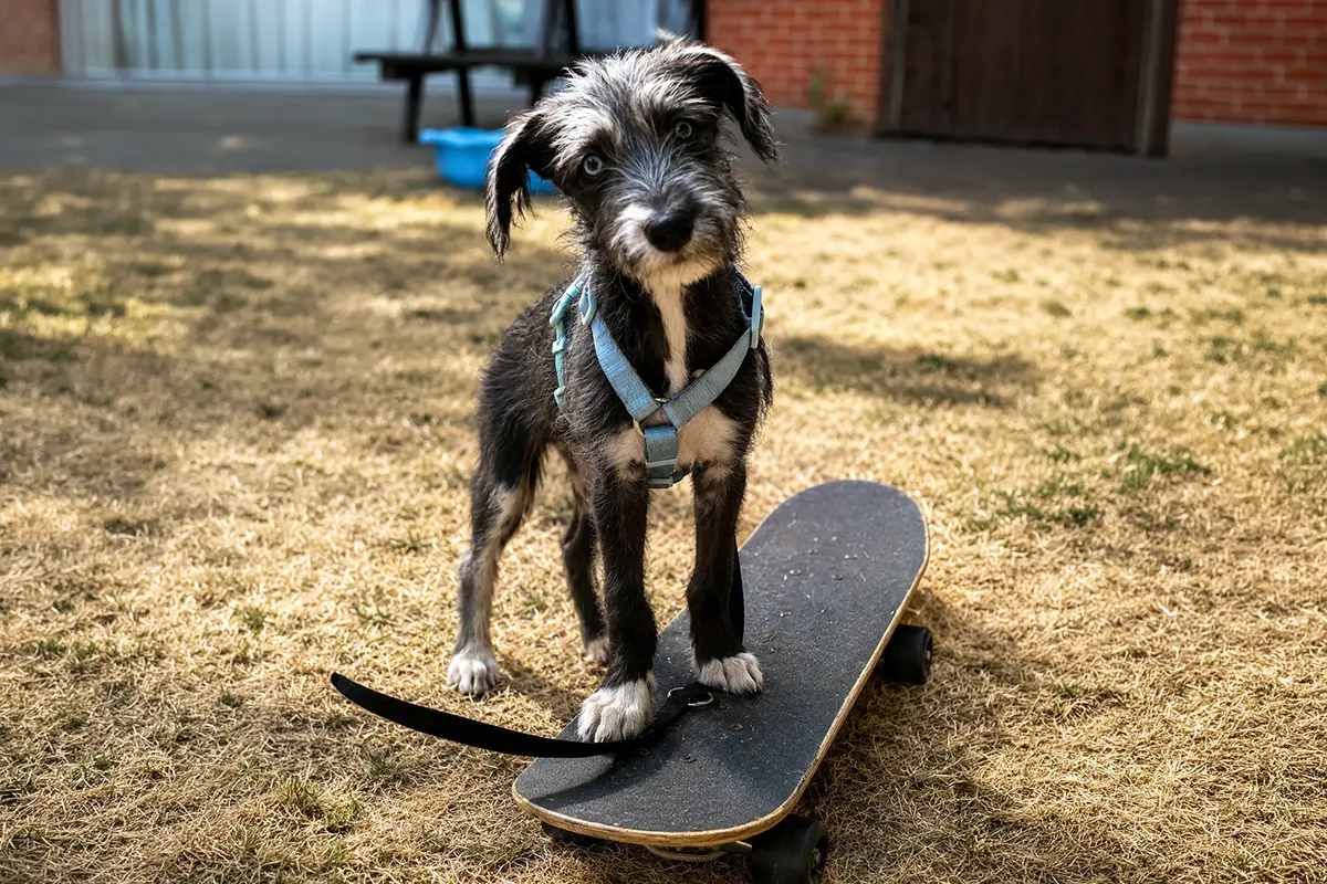 Scruffy black puppy standing on a skateboard during a puppy training session