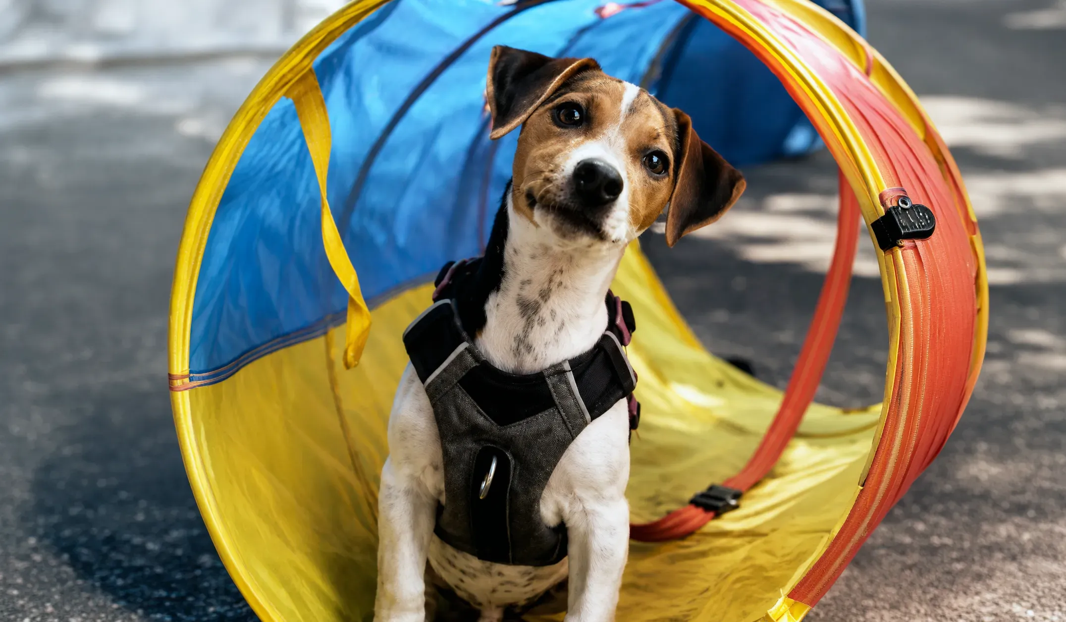 Puppy sitting inside a colourful training tunnel during a puppy training session
