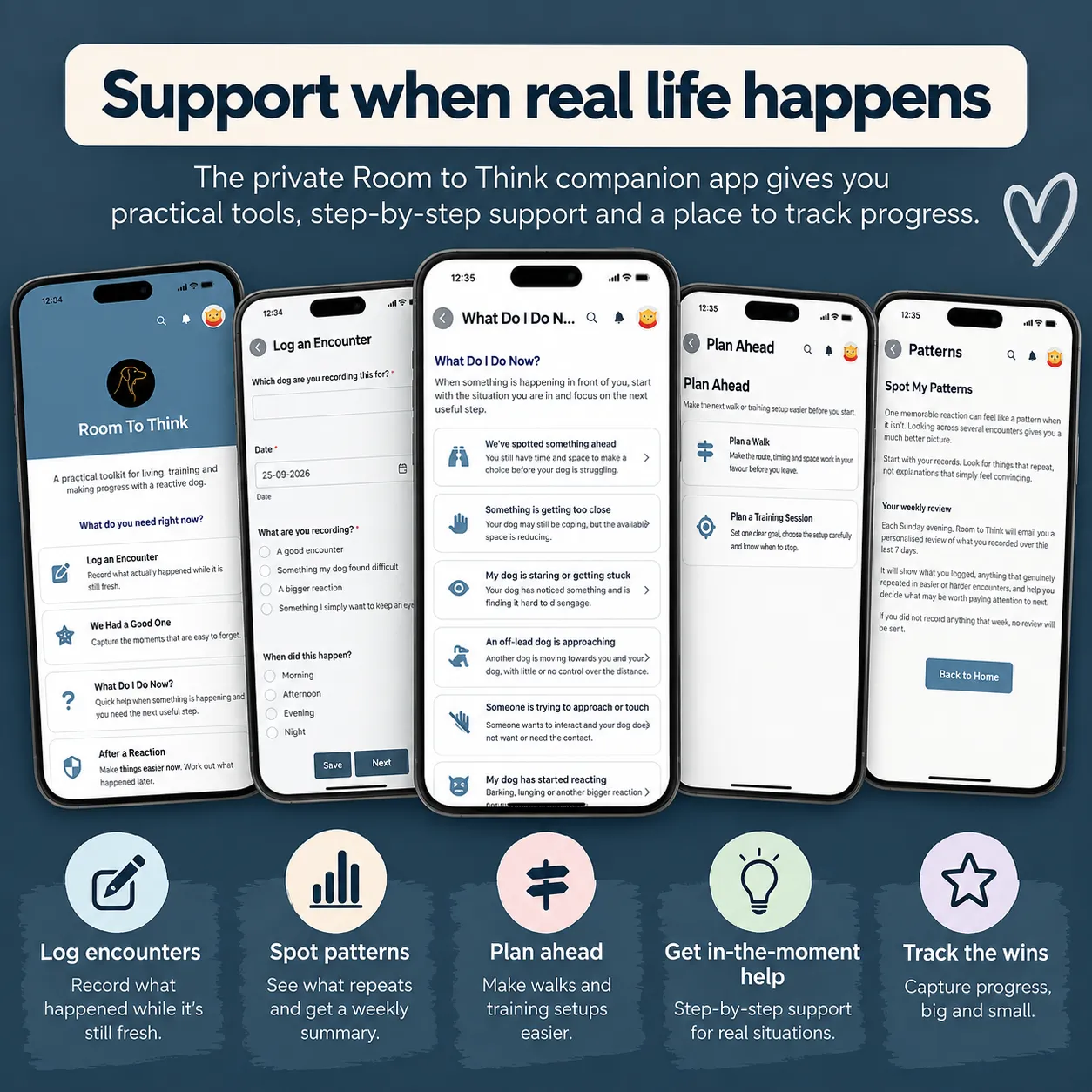 Room to Think companion app showing encounter logging, in-the-moment guidance, planning tools, pattern tracking and progress support.