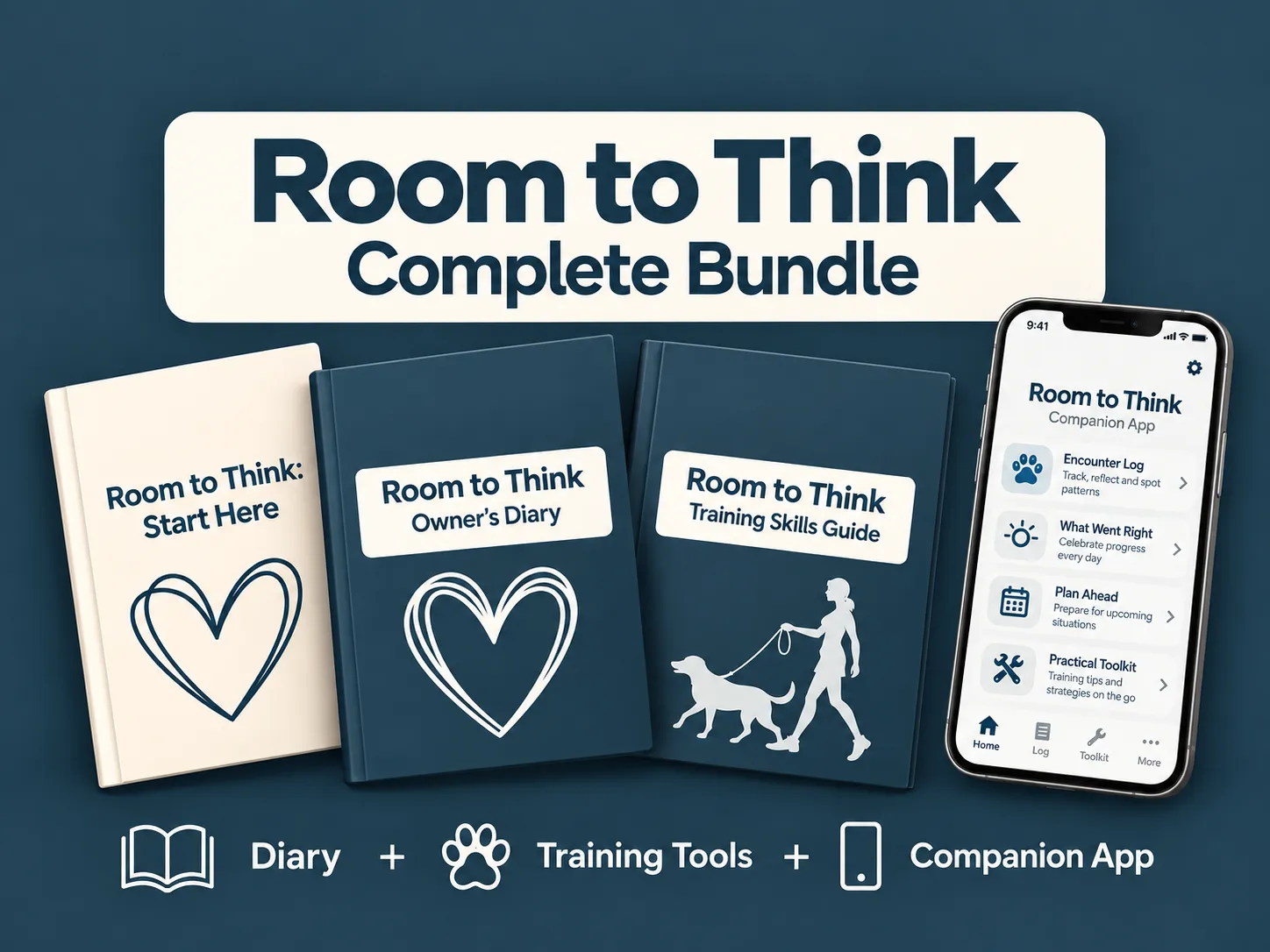 Room to Think digital bundle showing the Start Here guide, Owner’s Diary, Training Skills Guide and companion app.