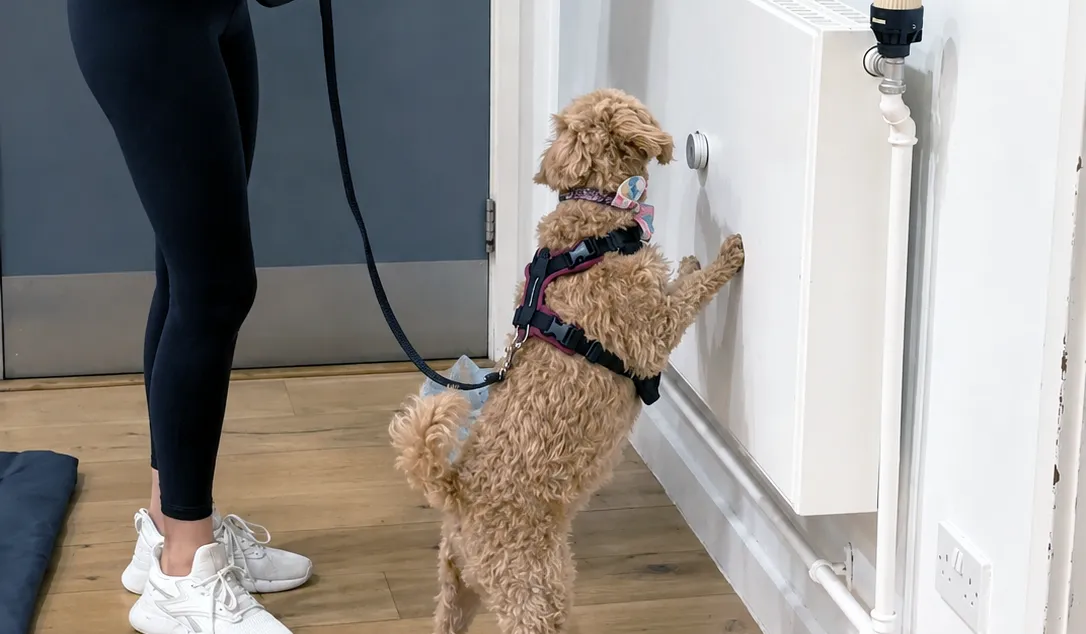 Small dog investigating a scent target during scentwork training