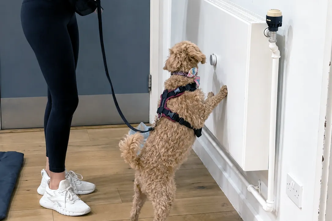 Small dog investigating a scent target during scentwork training